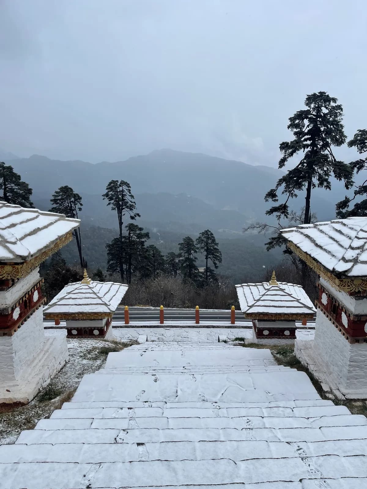 Snow on the steps and chorten roofs at Dochula, the mountains gray with weather